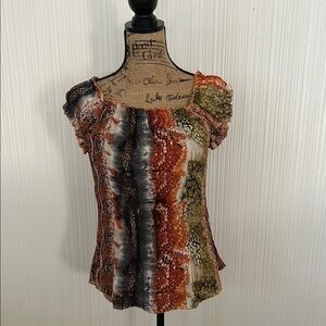 Ruffled Trim Piano Pleated Black and Orange Cap Sleeve Blouse